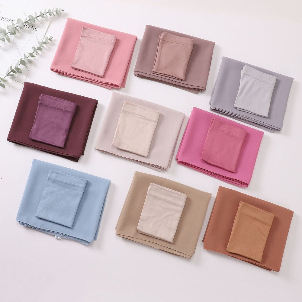 Pearl Chiffon Long Towel with Milk Silk Bottoming Cap of The Same Color, Middle Eastern Women's Headscarf