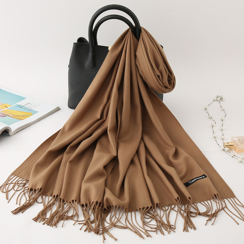 Solid color imitation cashmere scarf women's monochrome fashionable versatile warm shawl fringed red scarf winter scarf