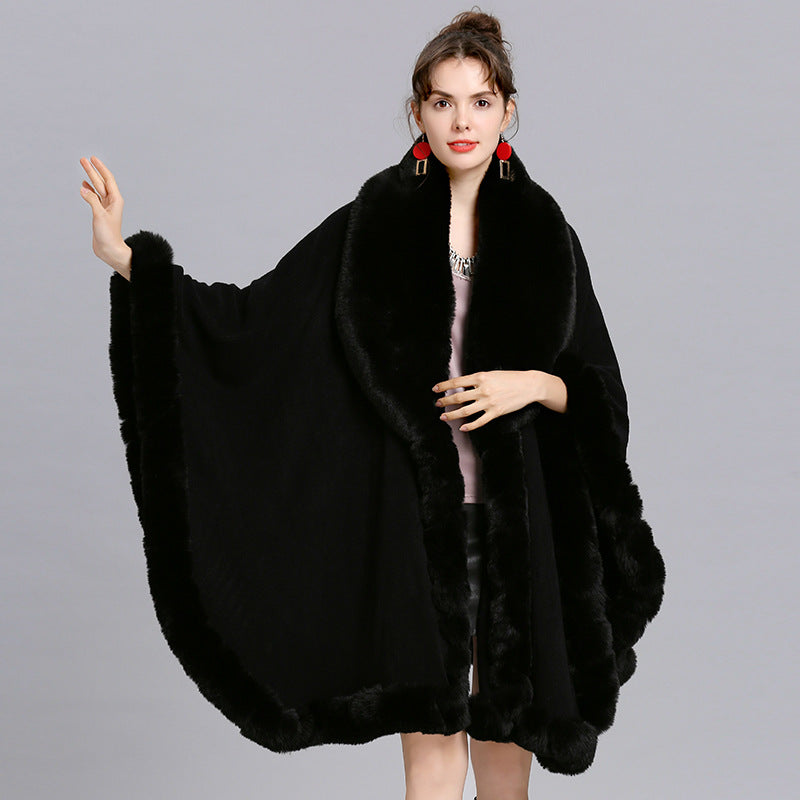 European and American new cape large size coat women's shawl loose imitation fur collar knitted cardigan shawl cape 1561 #
