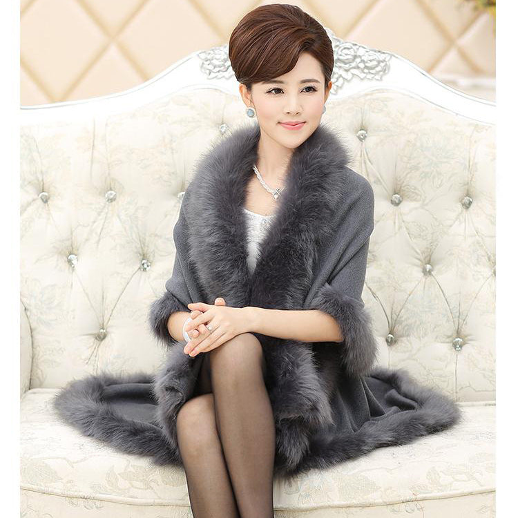 Classic autumn and winter European and American new women's clothing temperament large size knitted double-layer cardigan imitation fox fur shawl cape