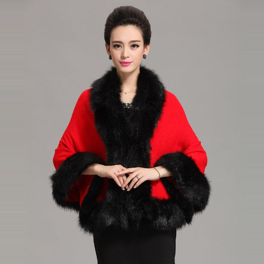 1268 #new large size imitation fox fur collar women's knitted shawl cape cardigan jacket fur shawl