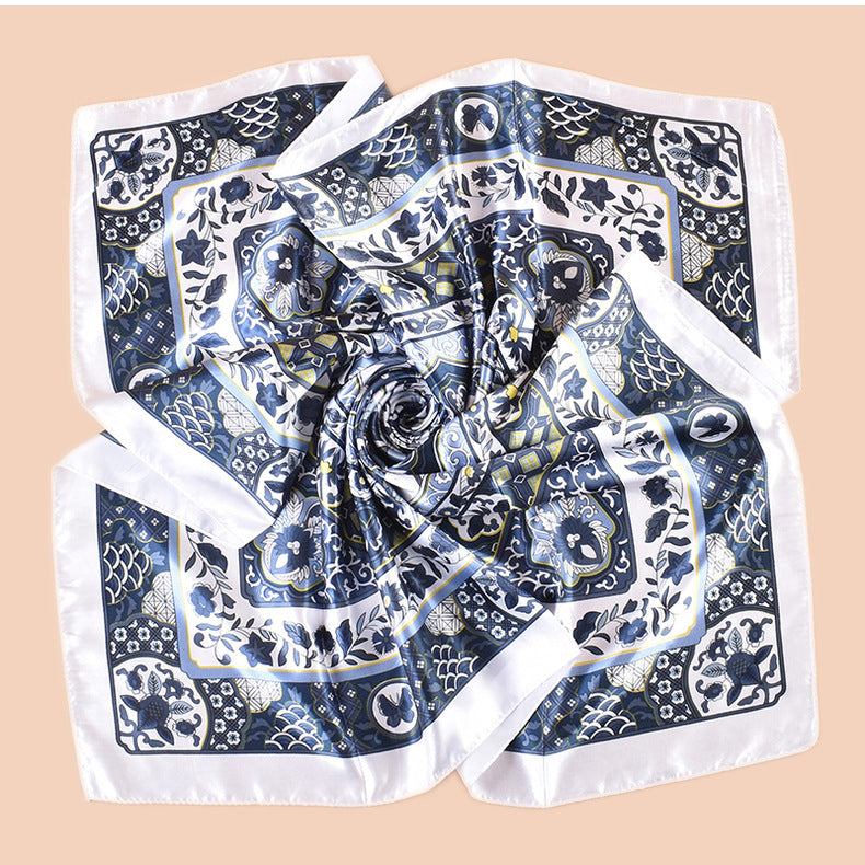 Spring new fashion big shawl simulation silk plant flower printing silk scarf head scarf 90 color square scarf