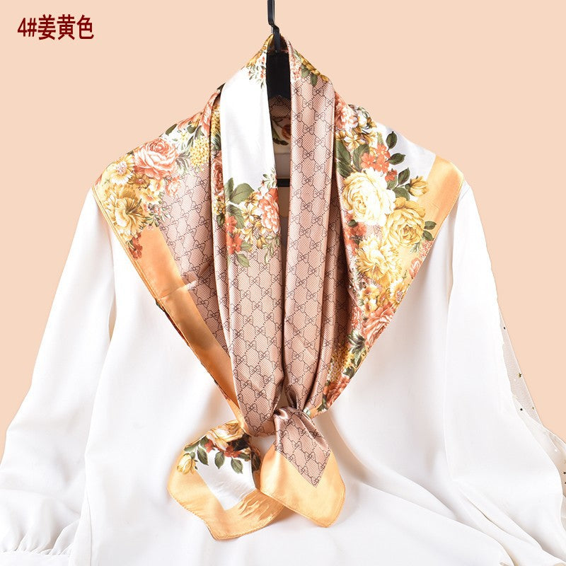 Spring and summer scarf temperament floral printing versatile decorative scarf headscarf silk scarf 90 high-quality satin square scarf