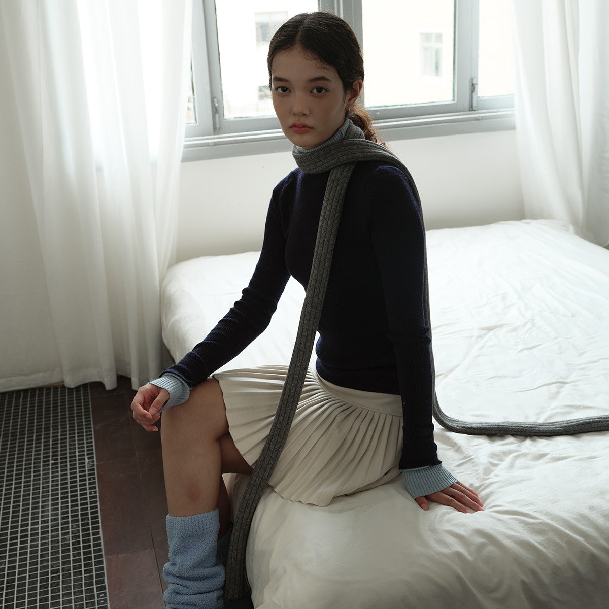 Wool thin and narrow long scarf women's autumn and winter concave shape Spice girl long wool scarf