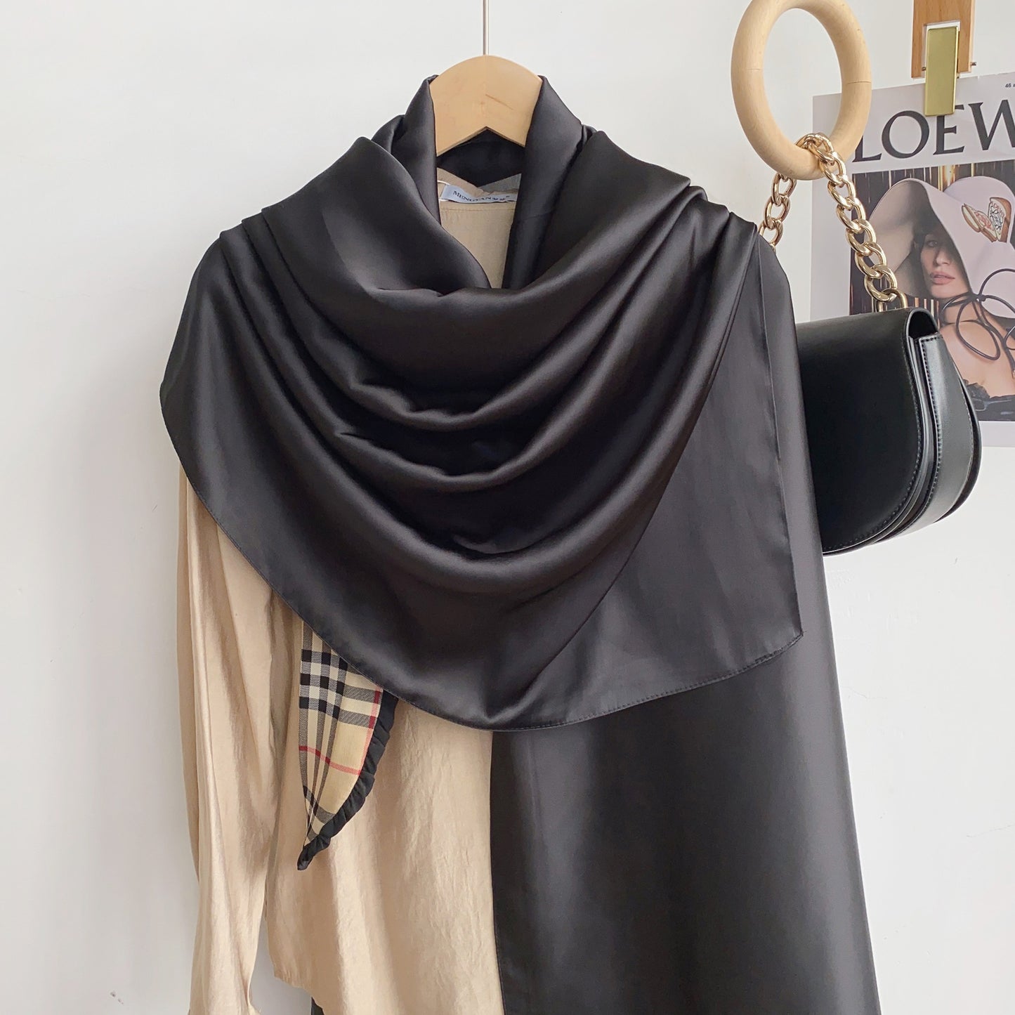 Simple and versatile monochrome solid color new silk satin long silk scarf headscarf, elegant temperament women's vacation shawl