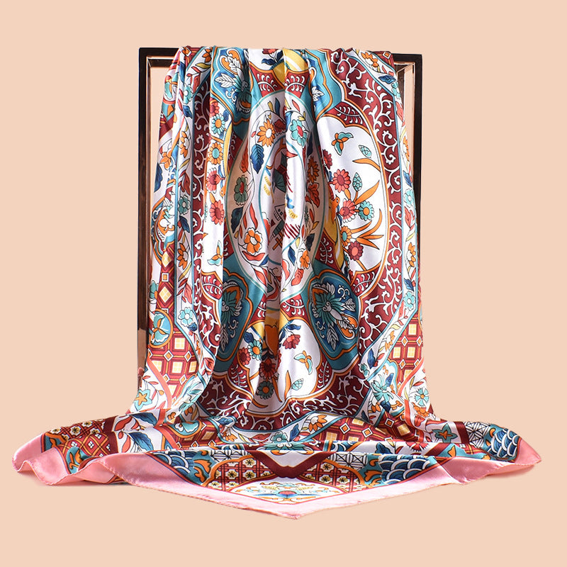 Spring new fashion big shawl simulation silk plant flower printing silk scarf head scarf 90 color square scarf