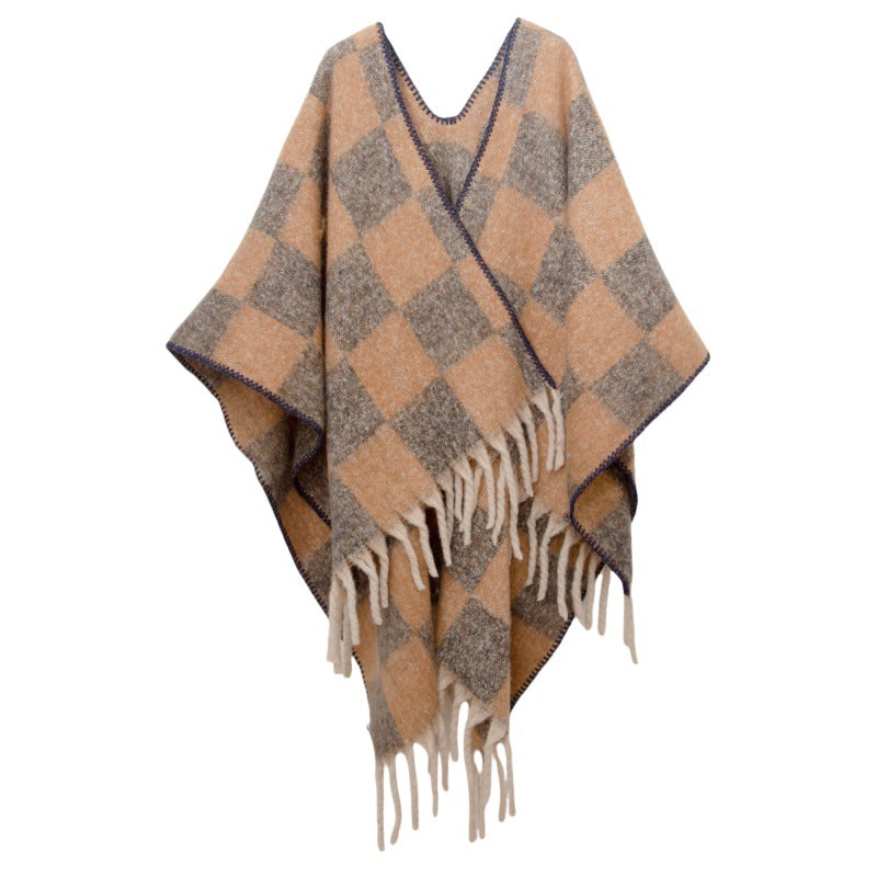 New European, American autumn and winter circle yarn imitation mohair thickened jacquard checkered cross shawl