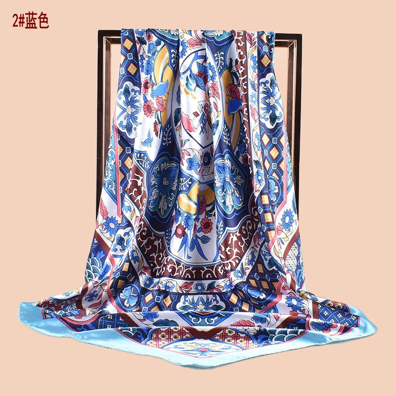 Spring new fashion big shawl simulation silk plant flower printing silk scarf head scarf 90 color square scarf