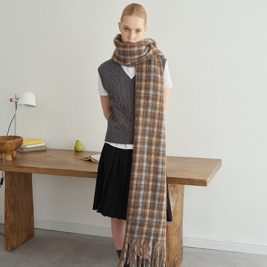 Wool blended coarse tassel plaid scarf women's autumn and winter increase lazy style Korean color matching shawl scarf