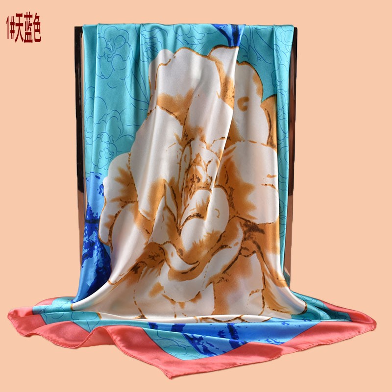 2025 new 90cm-color bud plain and elegant camellia printed square scarf with sunscreen bag head silk scarf decorative scarf
