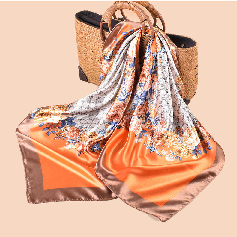 Spring and summer scarf temperament floral printing versatile decorative scarf headscarf silk scarf 90 high-quality satin square scarf