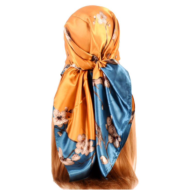 New sweet and fashionable plum blossom flower satin 90cm large square scarf women's silk scarf scarf