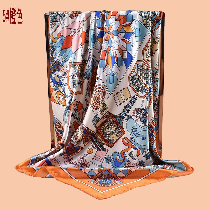 2025 new 90cm-satin geometric retro printed square scarf with sunscreen bag head silk scarf decorative scarf