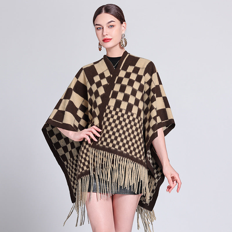 Autumn and winter Internet celebrities new plaid shawl with temperament fringed shawl cape cape retro scarf coat women