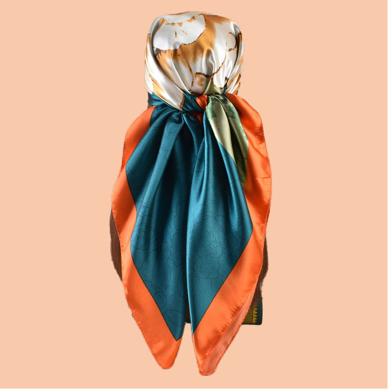 2025 new 90cm-color bud plain and elegant camellia printed square scarf with sunscreen bag head silk scarf decorative scarf