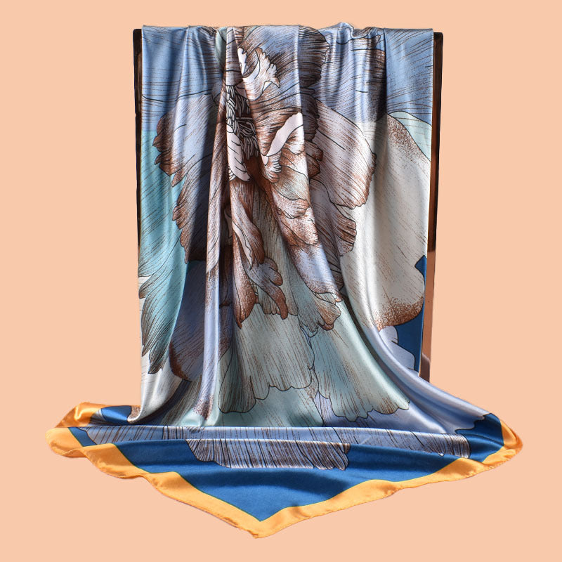 New 90-satin peony flower blooming rich printing square scarf with sunscreen bag head silk scarf decorative scarf