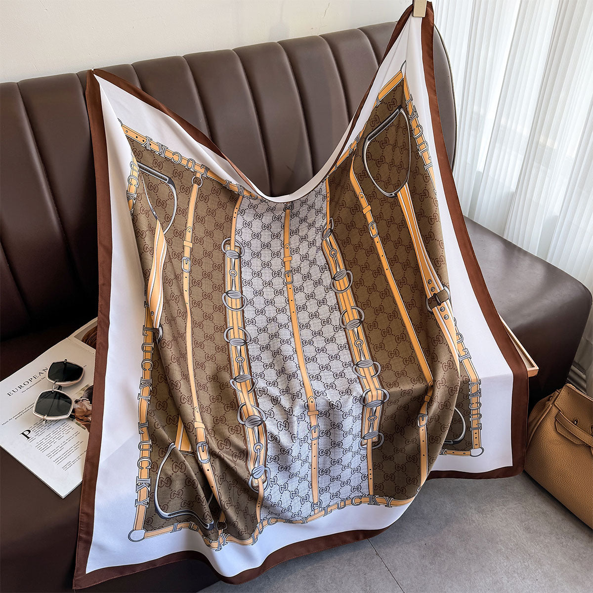 Spring and summer shawl with fashion printed belt, silk scarf, large square scarf, high-end women's dual-purpose versatile thin scarf