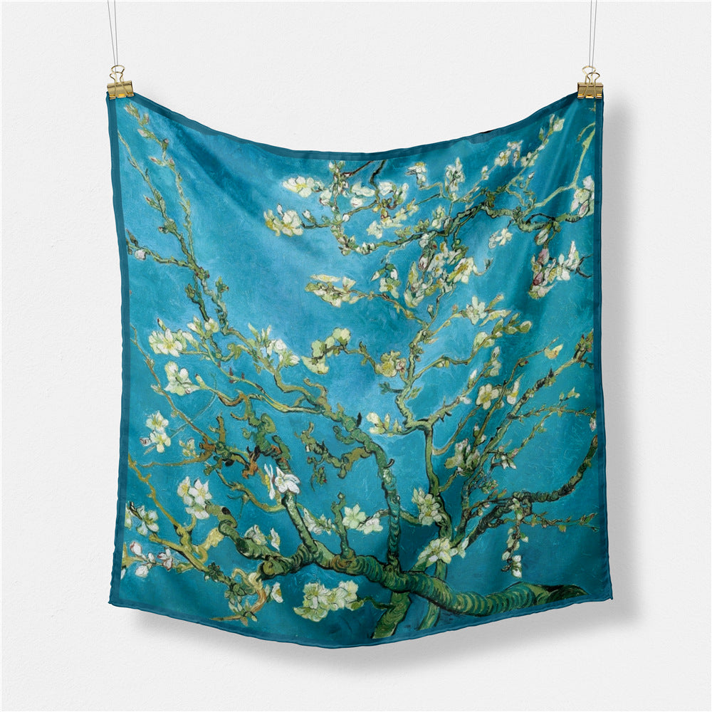 Fashion Van Gogh art oil painting 53cm small square scarf, twill silk imitation silk women's scarf, headband