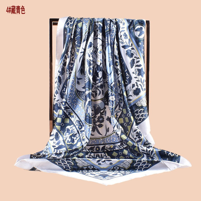 Spring new fashion big shawl simulation silk plant flower printing silk scarf head scarf 90 color square scarf