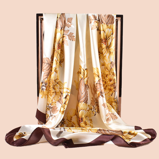 Spring new large shawl simulation silk plant printing silk scarf head scarf 90cm color diced light luxury square scarf