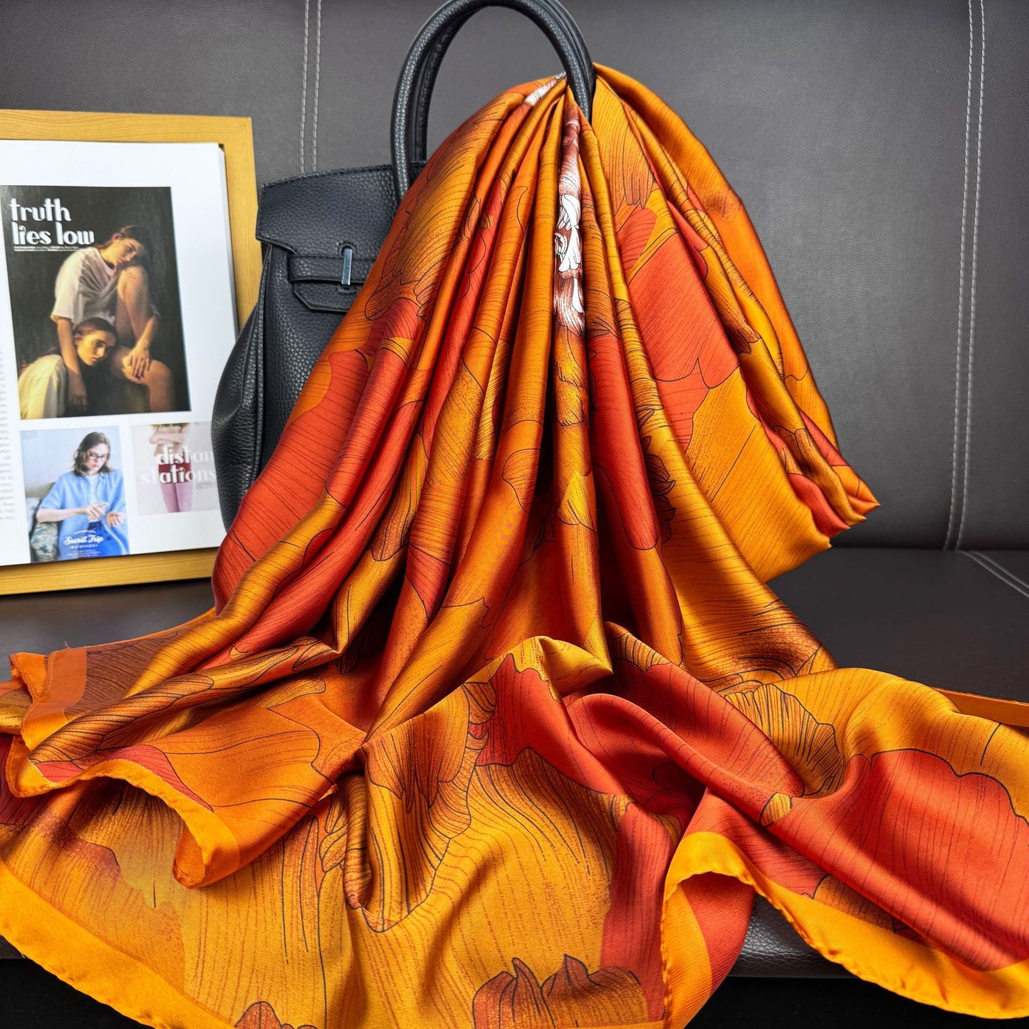 Korean version of fashion versatile gradual change color plant flower long silk scarf, elegant temperament women's vacation outside shawl scarf