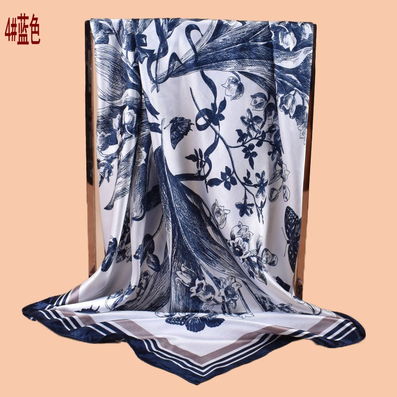 2025 new 90cm-satin butterfly lily printed square scarf with sunscreen bag head silk scarf decorative scarf