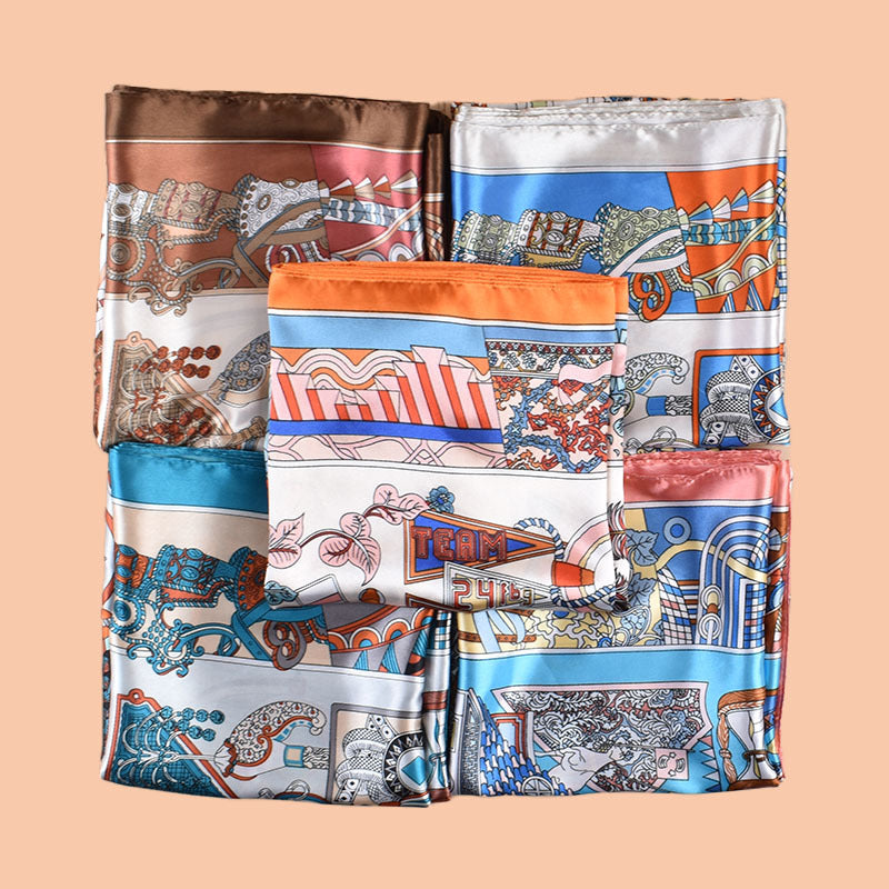2025 new 90cm-satin geometric retro printed square scarf with sunscreen bag head silk scarf decorative scarf