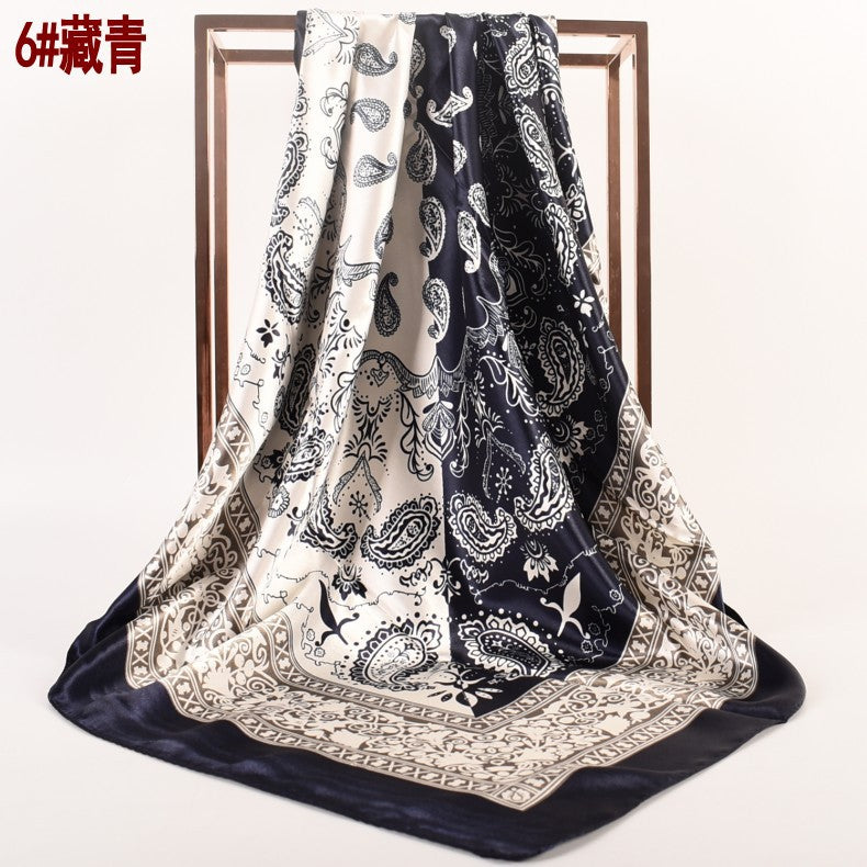 Spring and Autumn New 90cm Printed Satin Large Square Scarf Two-Color Cashew Nut Women's Fashion Scarf Silk Scarf Headscarf Shawl