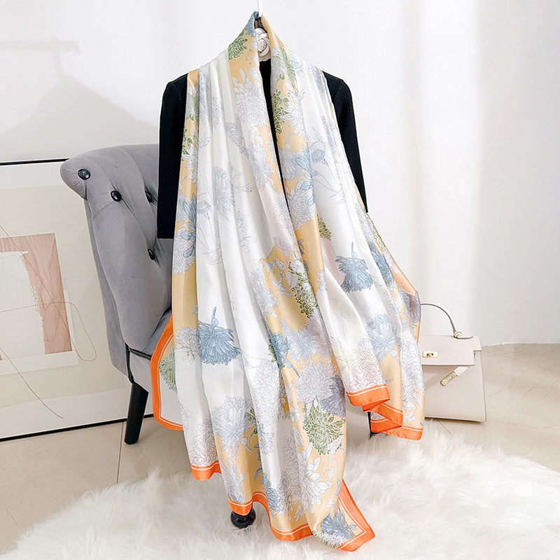 Stylish and elegant plant flower flower print long silk scarf, sweet and fresh literary girl with shawl