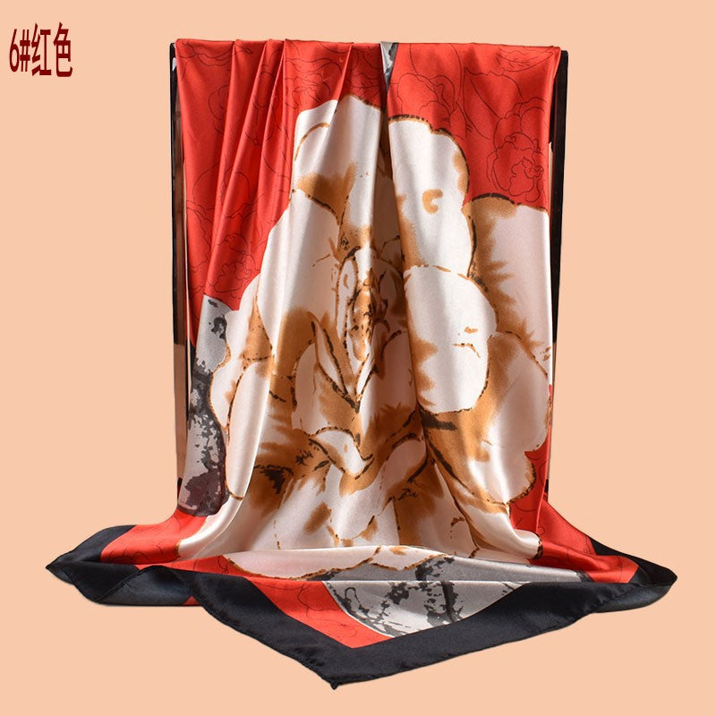 2025 new 90cm-color bud plain and elegant camellia printed square scarf with sunscreen bag head silk scarf decorative scarf