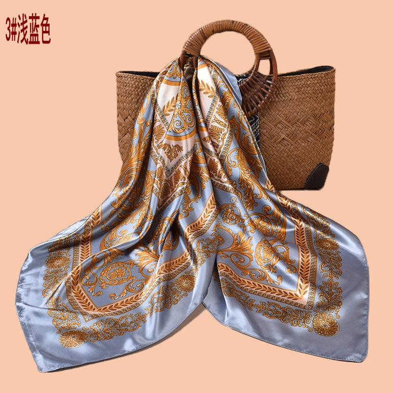 Spring and summer scarves, high-end totem printing versatile decorative scarves, headscarves, silk scarves, 90cm high-quality satin square scarves