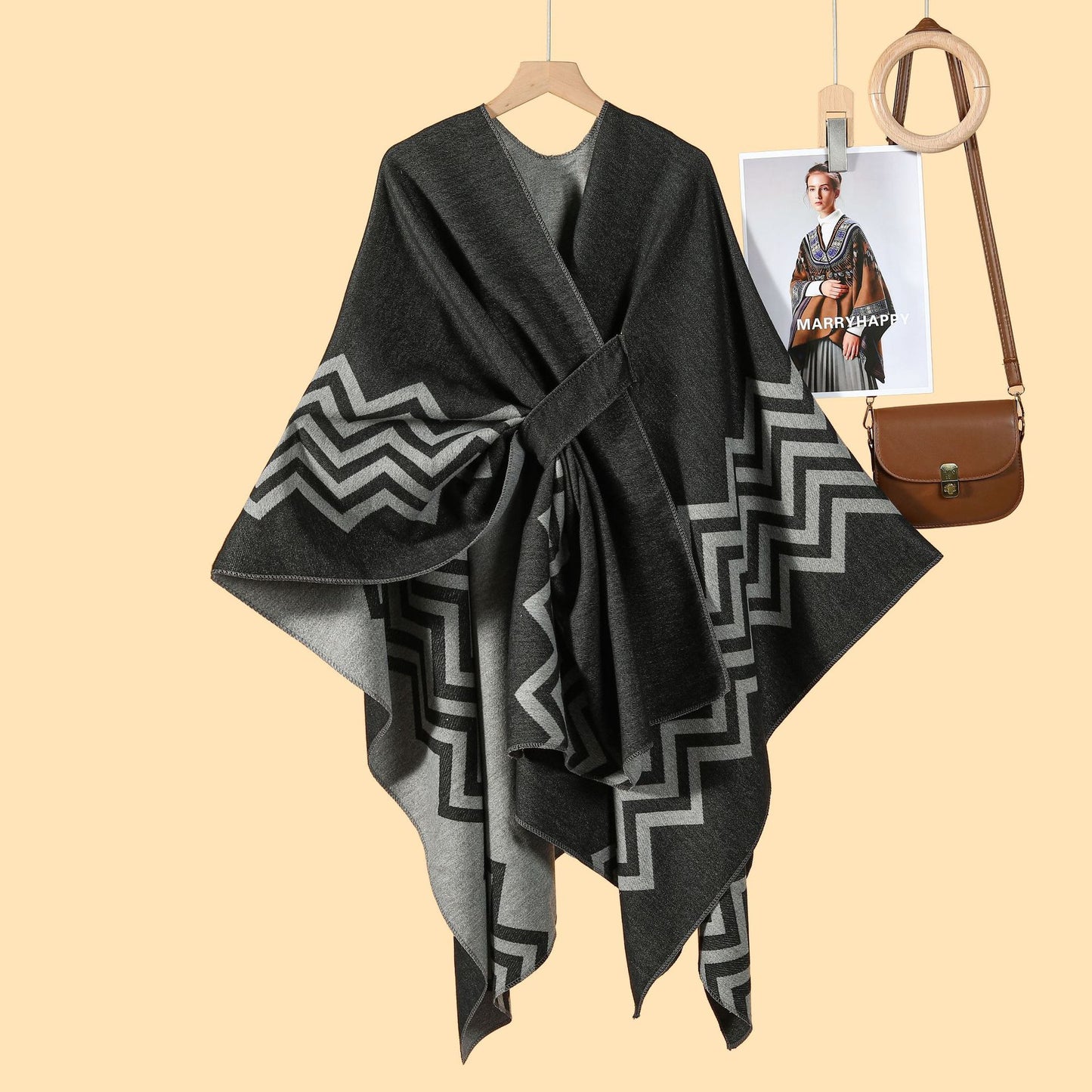New Women's Wave Pattern Split Shawl Cardigan Multifunctional Autumn and Winter Straps Cloak Shawl New