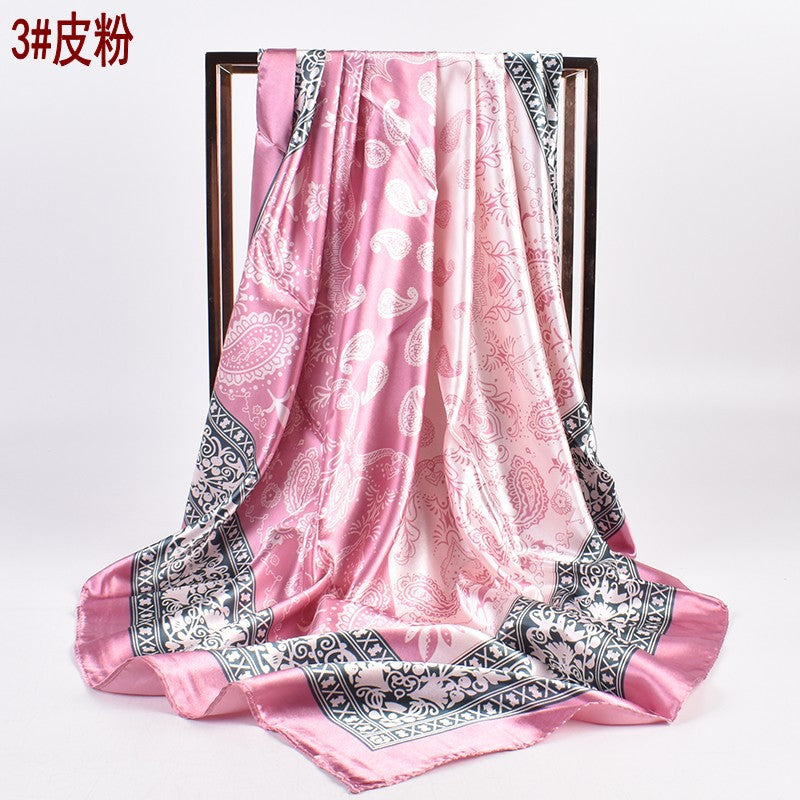 Spring and Autumn New 90cm Printed Satin Large Square Scarf Two-Color Cashew Nut Women's Fashion Scarf Silk Scarf Headscarf Shawl
