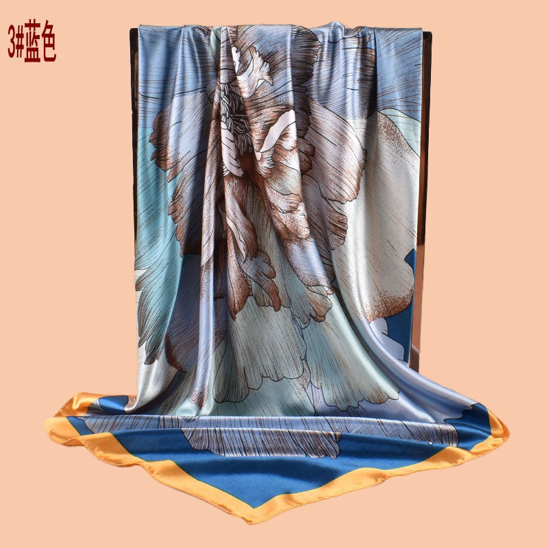 New 90-satin peony flower blooming rich printing square scarf with sunscreen bag head silk scarf decorative scarf