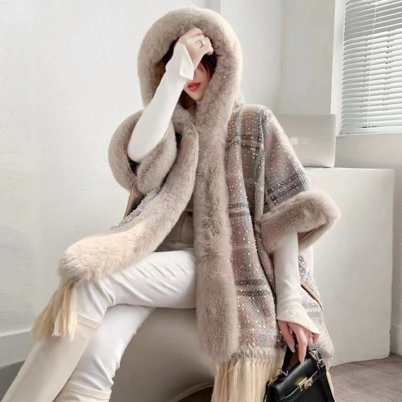 Autumn and winter new cape shawl loose fleece thickened fur collar hooded fringed cardigan shawl cape jacket 1186