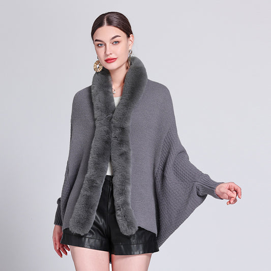 Autumn and winter new fashion loose fur collar bat sleeve knitted cardigan shawl with cape jacket women 1226