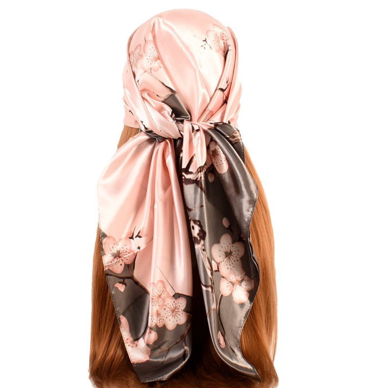 New sweet and fashionable plum blossom flower satin 90cm large square scarf women's silk scarf scarf