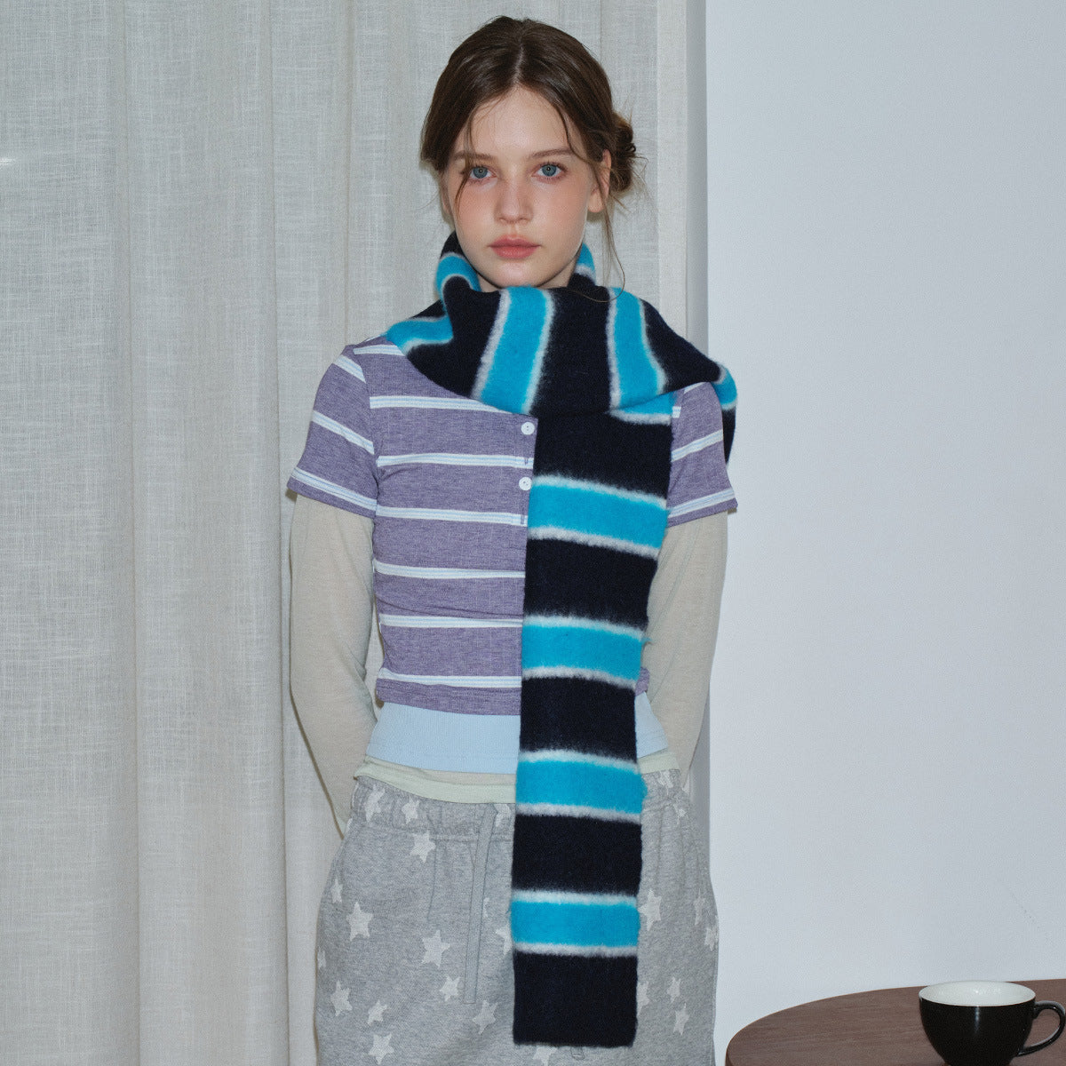 Wool blended brushed striped scarf women's autumn and winter atmosphere soft Korean color matching small scarf
