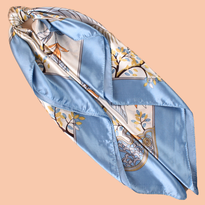 2025 new 90cm satin branches and leaves printed square scarf with sunscreen, bag head silk scarf decoration, scarf