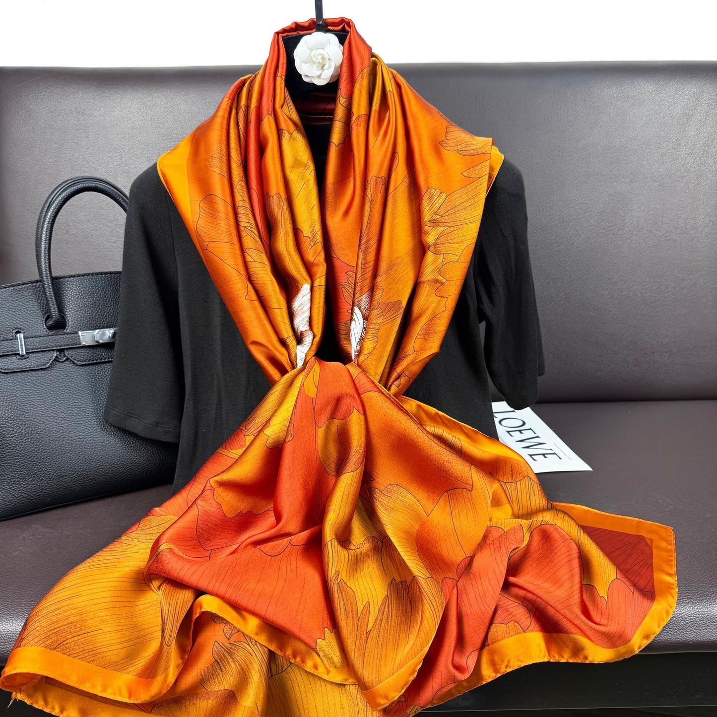 Korean version of fashion versatile gradual change color plant flower long silk scarf, elegant temperament women's vacation outside shawl scarf