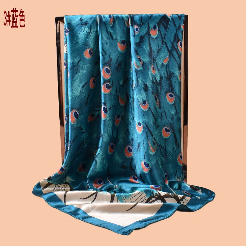 2025 new 90-color beautiful peacock versatile printed square scarf with sunscreen, bag head silk scarf decoration, scarf