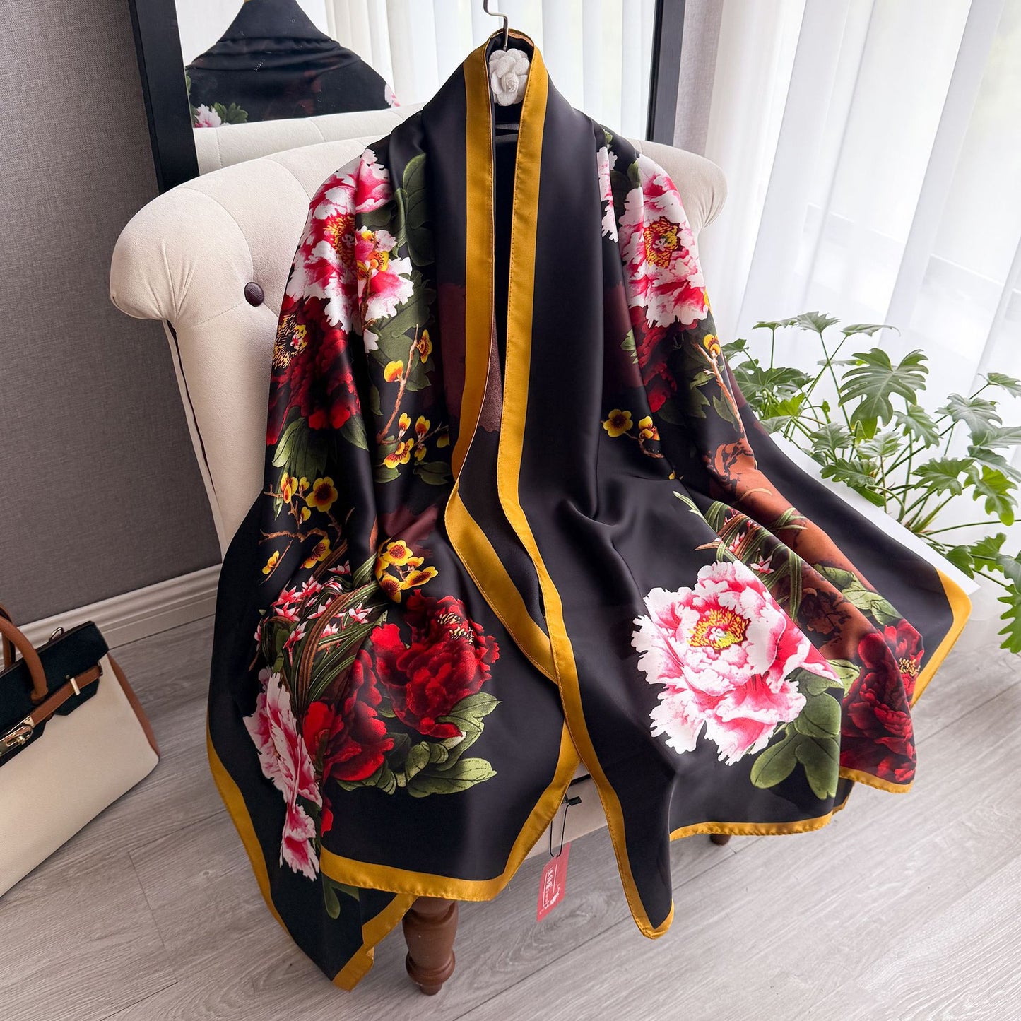 Literary and retro national style, peony flowers and flowers, long silk scarves, high-end mother's gift scarves, shawls