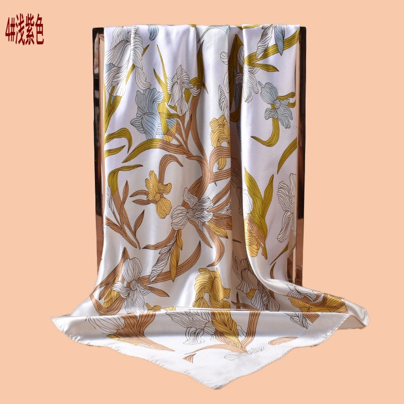 2025 new 90-satin plain and elegant orchid versatile printed square scarf with sunscreen, bag head silk scarf decoration, scarf