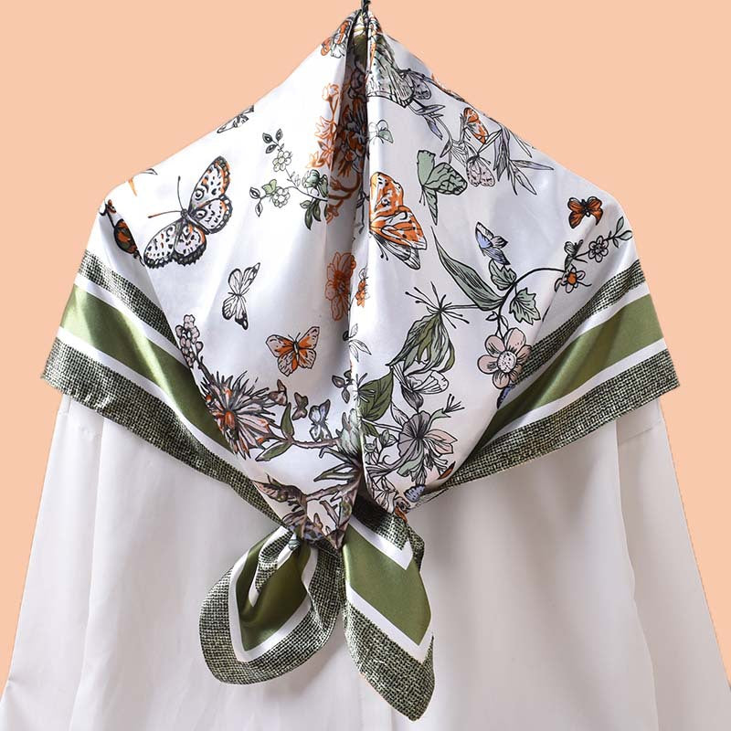 2025 Spring and Summer Butterfly Flying Printed Versatile Decorative Scarf Headscarf Silk Scarf 90 High Quality Satin Square Scarf