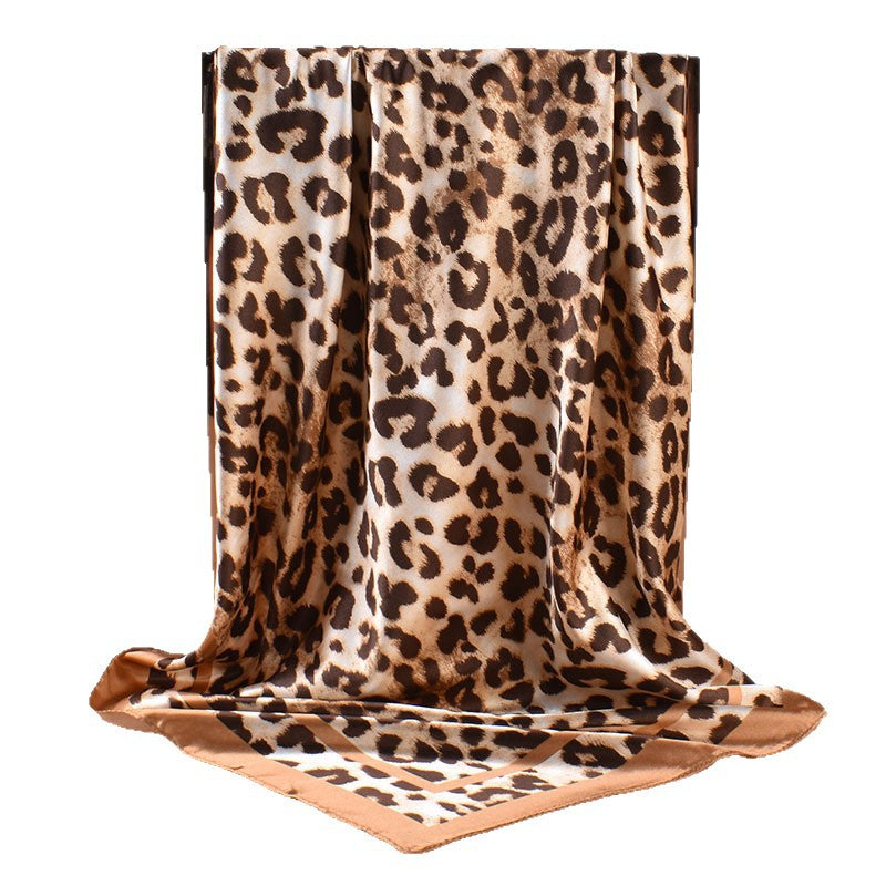 2025 new 90cm-satin classic leopard print square scarf with sunscreen bag head silk scarf decorative scarf