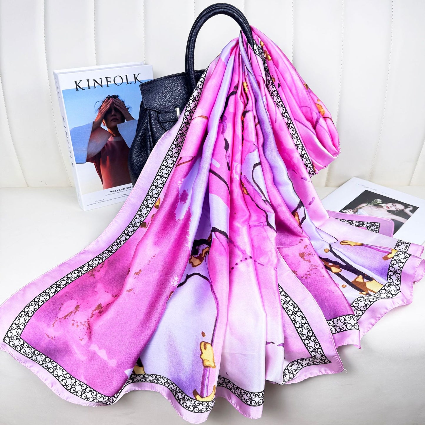 Fashion versatile gradual change color pattern printed silk scarf, elegant temperament women sunscreen shawl beach towel