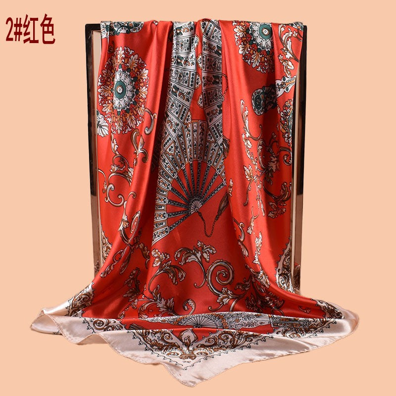 2025 new 90cm-satin classical national style fan printed square scarf with sunscreen, bag head silk scarf decoration, scarf
