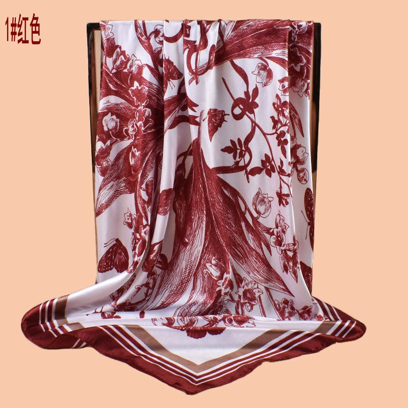 2025 new 90cm-satin butterfly lily printed square scarf with sunscreen bag head silk scarf decorative scarf