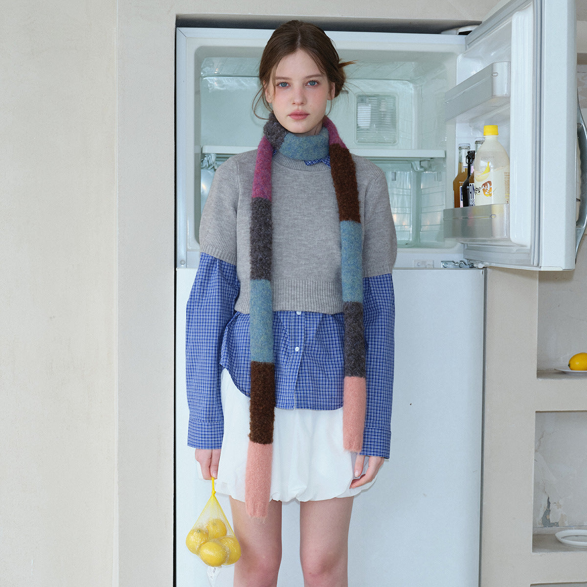 Niche color matching wool blended sausage knitted scarf women's early autumn concave shape y2k fine and narrow wool scarf