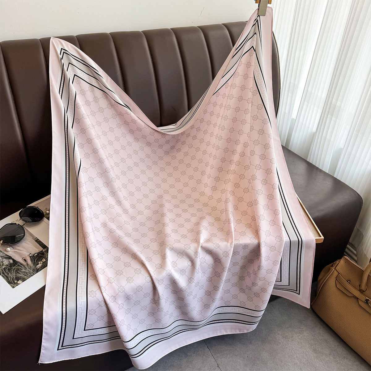 Fashion light luxury 90 twill silk scarf women's Japan and Korea simple striped large square scarf ins style multi-functional shawl scarf